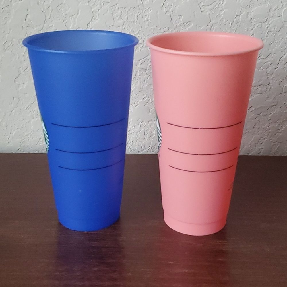 Set of 2 Starbucks Reusable Plastic Venti Cups Frosted Pink Blue 24oz Cold Drink - Picture 2 of 7